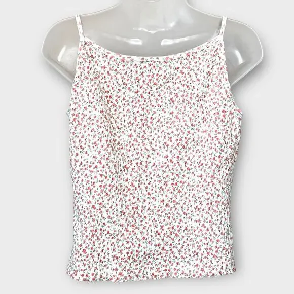 Y2K ENERGIE White & Pink Ditsy Floral Print Smocked Tank Top Junior Size Large - Picture 3 of 5